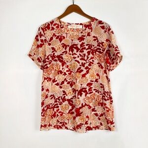 Virginia Johnson‎ 100% Silk Floral Short Sleeve Scoop Neck Blouse Relaxed Size M